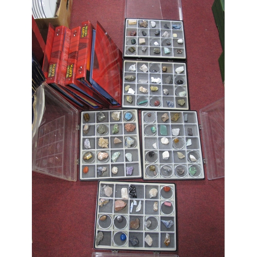 1064 - A collection of plastic display cases holding various rocks and minerals together with six editions ... 