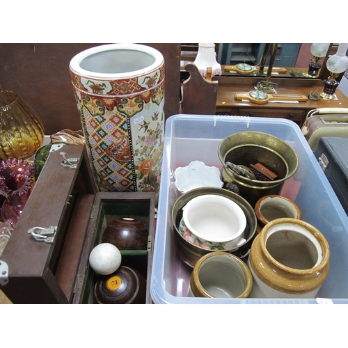 1069 - Jardinieres, stoneware jars, etc:- One Box. Lawn green bowls, pottery stick stand, 46cm high.