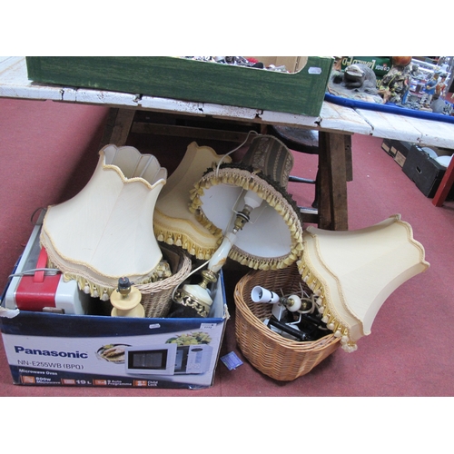 1112 - Table Lamps, flat irons, basket, etc:- One Box, basket, ultra reel to reel