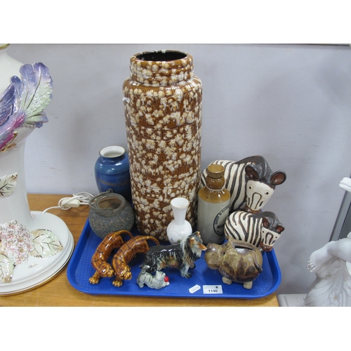 1140 - West German Pottery Cylindrical Vase, circa 1970's, Studio piggy bank, pottery animals, etc:- One Tr... 