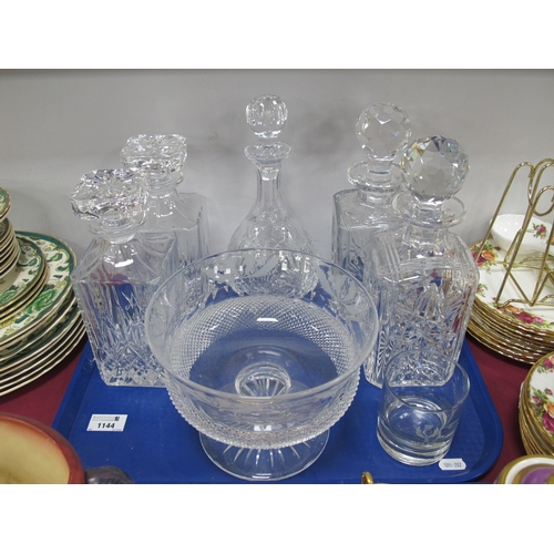 1144 - Cut Glass Pair of Decanters, pair of moulded glass decanters, and one other decanter, cut glass pede... 