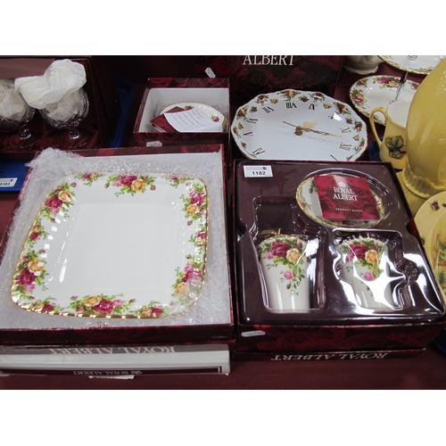 1182 - Royal Albert 'Old Country Roses' Two Clocks, bathroom dispenser set, four heart dishes, and 23cm squ... 