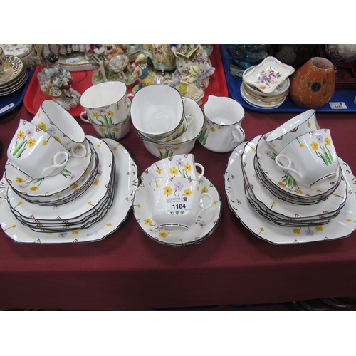 1184 - Melba China Tea Set Circa 1920's, hand painted with green leaves, pink and yellow flowers, approxima... 