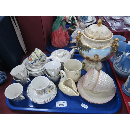 1192 - Belleek Mug, cups & saucers, plus swan posie, nursery tea war, Continental urn:- One Tray