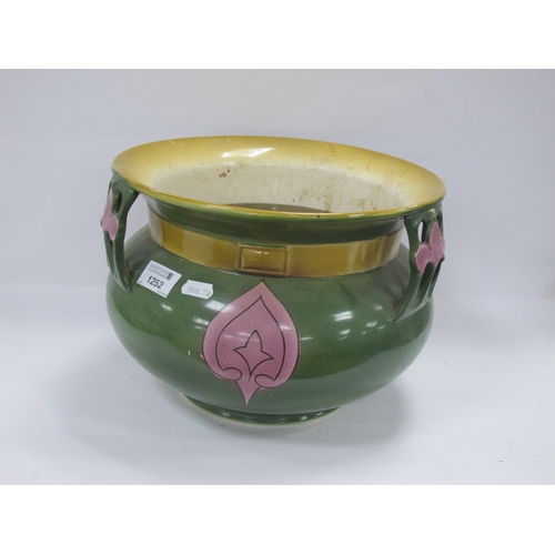 1252 - Art Nouveau Pottery Jardiniere, probably continental with pink motifs, and yellow band on green grou... 