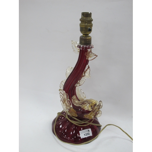 1255 - Murano Ruby Glass Table Lamp, in the form of a Dolphin, 26.5cm excluding fittings and shades (upper ... 