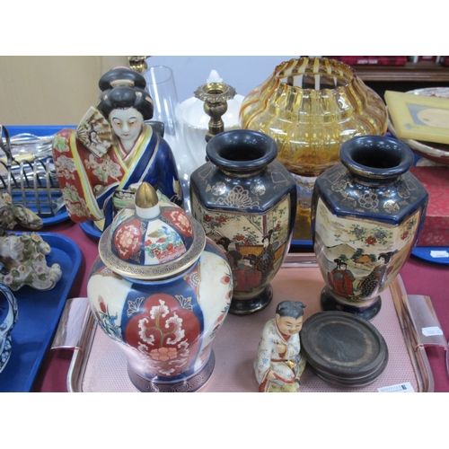 1260 - Oriental Pottery Figure of Geisha Girl, 29cm high, pair hexagonal bodied vases, etc:- One Tray.