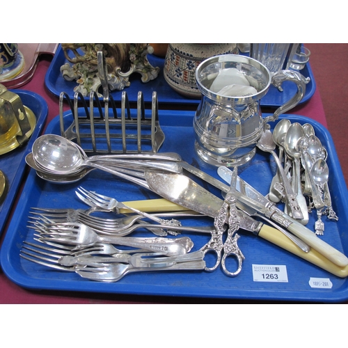 1263 - Continental Silver Souvenir Spoons, Walker-Hall toast rack, pewter mug, cutlery, etc:- One Try.