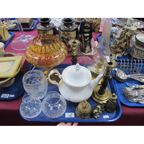 1264 - Oil Lamp, Royal Albert Chantilly teapot. Barley twist oak and brass candlesticks. Tutbury glass bowl... 