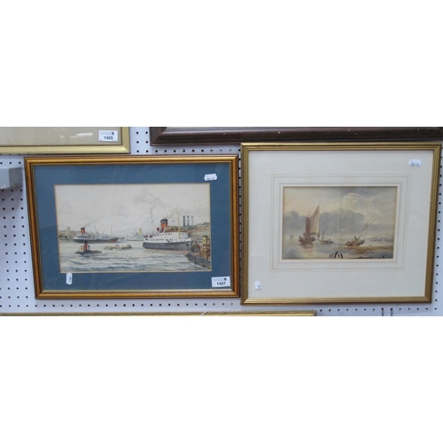 1437 - Two watercolours of ships at a dock one signed 'F.A. Drinkwater 80' lower right 19 x 32cm, the other... 