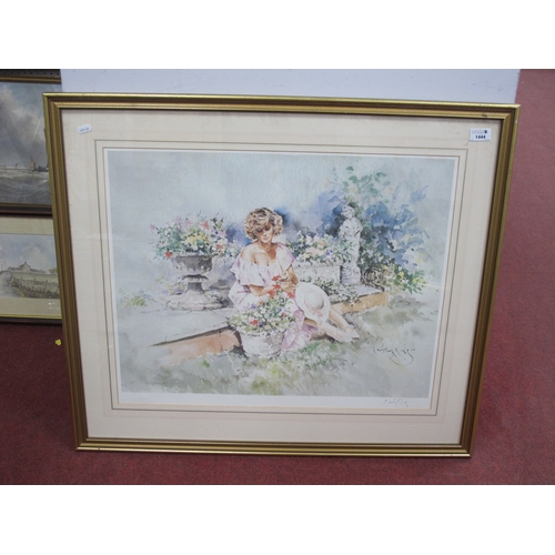 1444 - Gordon King Signed Framed Print of a Woman Sat On a Step Looking at Flowers, signed in pencil bottom... 