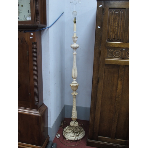 1534 - XX Century White Painted Standard Lamp, with a turned and reeded pedestal, on a circular base, bun f... 