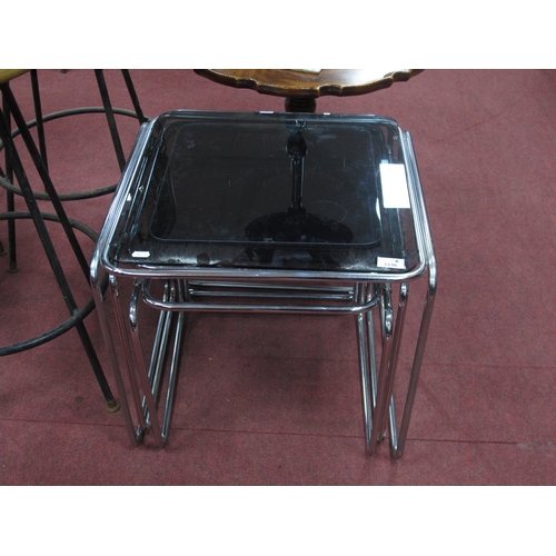 1536 - Nest of Three Chrome Coffee Tables of Cube Form, with black glass tops.