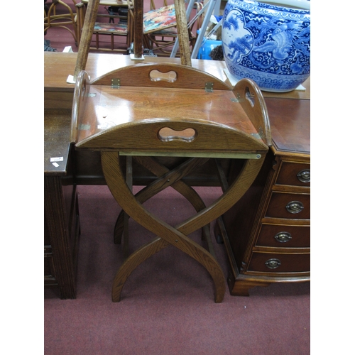 1544 - Oak Butler Tray on Stand, tray with hinged sides, carrying handles on a folding X stretcher stand, 5... 