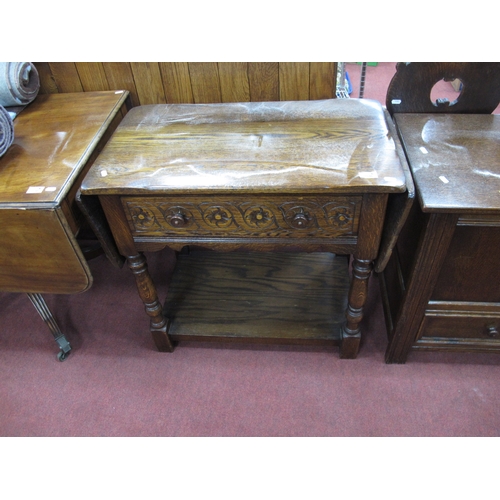 1546 - Oak Style Table, with drop leaves, single drawer, with carved decoration, on turned and block suppor... 