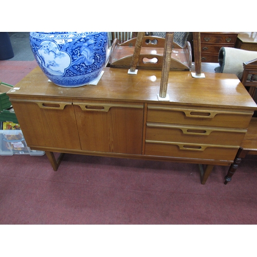 1566 - Vintage Teak Sideboard, with three small drawers, twin cupboard doors, on tapering legs, 144cm wide.