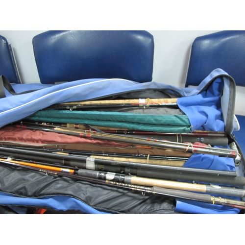 835 - Steve Clayton Pro Match Rod Bag, with fifteen various rods, Shakespeare, Normark, Daiwa, Abu, etc; f... 