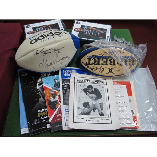 653 - Rugby Union Programmes from 1957 Onwards, including card Scotland v. France 2001, signed by 16 and v... 