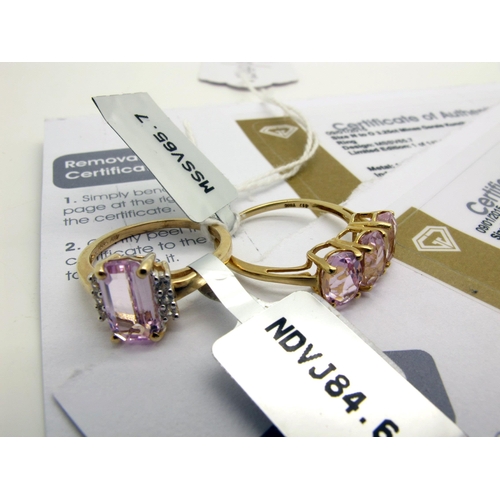 168 - The Genuine Gemstone Company Ltd; A 9ct Gold Minas Gerais Kunzite Three Stone Ring, claw set, betwee... 