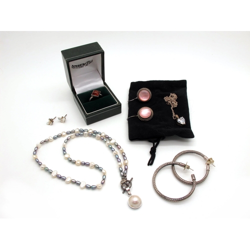 178 - A Collection of Silver Jewellery, to include hoop earrings, amber coloured stone ring, claw set pend... 