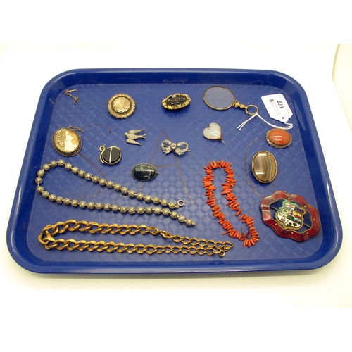 179 - A Collection of Victorian and Later Brooches, including polished hardstone heart shape brooch, oval ... 