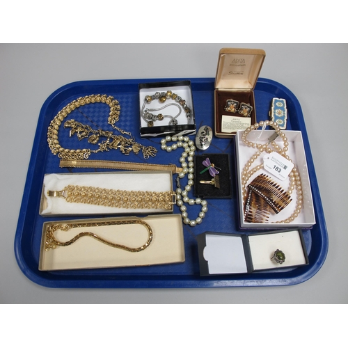 183 - Costume Jewellery, including Jewelcraft charm bracelet, German Rolled Gold bracelet, imitation pearl... 