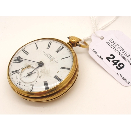 249 - Hansons Patent Chronometer Huddersfield; A Victorian 18ct Gold Cased Openface Pocket Watch, the sign... 