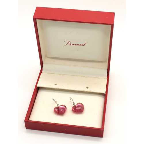 44 - Baccarat; A Pair of Modern Pink Crystal Heart Earrings, on hook fittings signed and stamped 