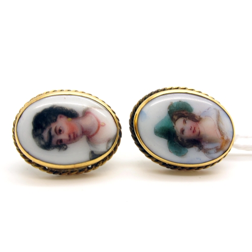 49 - A Pair of Vintage Ceramic Panel Oval Earrings, each detailed with profile portrait, collet set on un... 