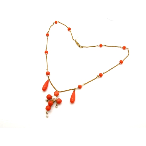 63 - An Antique Coral and Pearl Drop Necklace, composed of chain and bead necklace, suspending double dro... 