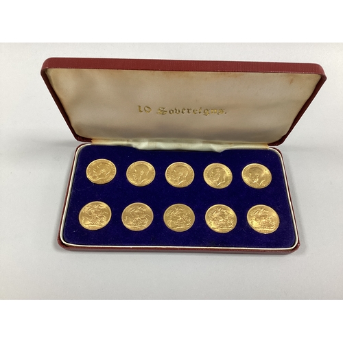 208 - Ten George V Gold Sovereigns In A Fitted Case, 1911 x 2, 1912, 1913, 1914 x 2, 1915, 1927, 1929 and ... 