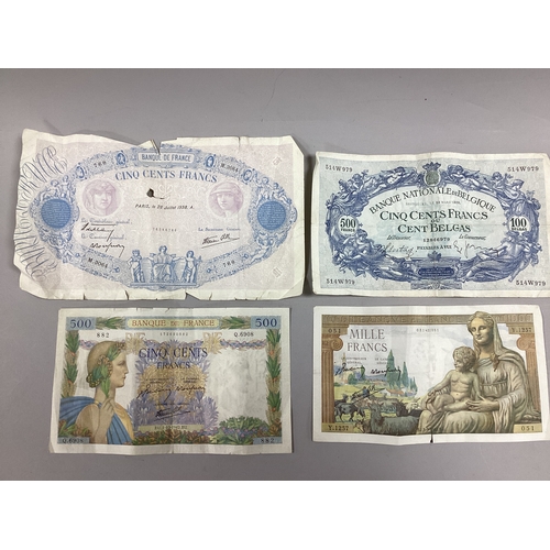 30 - Collection Of Seven European Banknotes, includes a 1938 France 500 Francs, 1938 Belgium 500 Francs, ... 