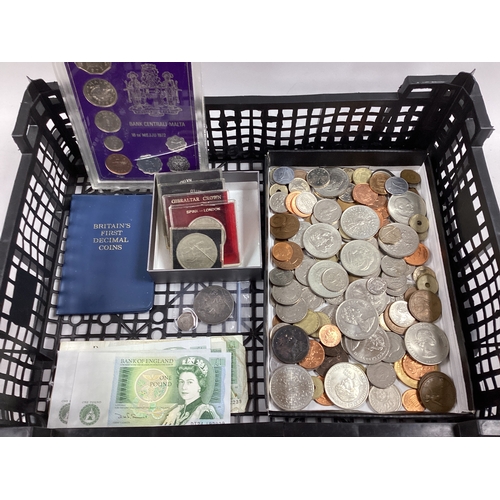 40 - Collection Of GB And World Coins, including an 1893 Victoria silver Crown, GB £1 banknotes, 1972 Mal... 