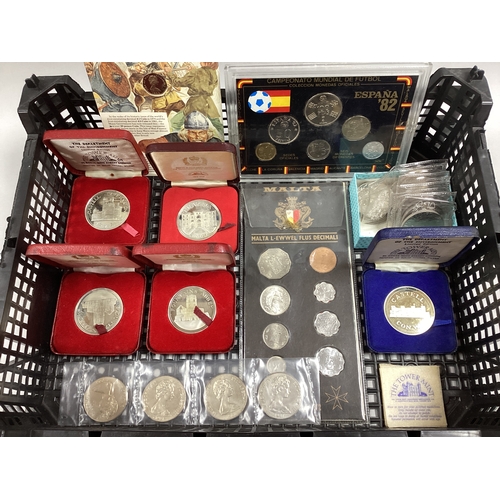 43 - Collection Of GB And World Coins, includes a 1972 Malta coin set, 1982 Spain year set, GB commemorat... 