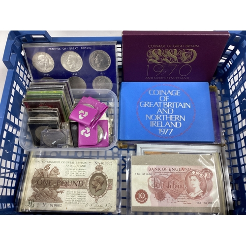 52 - Collection Of GB Coins And Banknotes, including a 1970 and 1977 Royal Mint proof set, Crowns of GB s... 