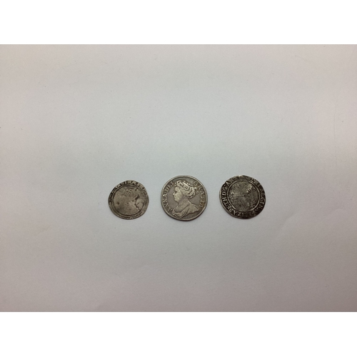 83 - 1713 Queen Anne 4th Bust Silver Shilling, together with an Elizabeth I 1565 Sixpence and a 1571 Eliz... 