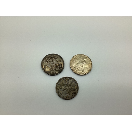 84A - Three Silver Coins, including a 1900 Victoria Crown, an 1890 Victoria Double Florin and a 1926 Liber... 