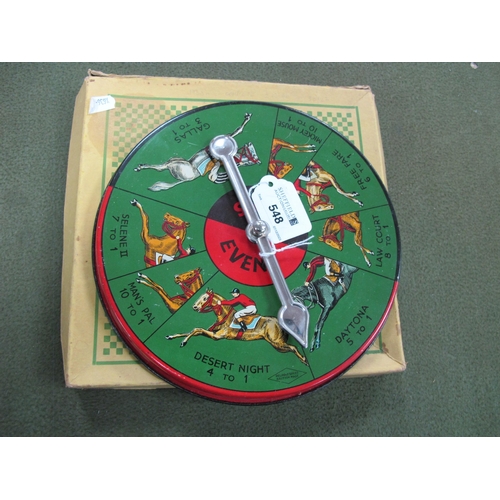 548 - A boxed circa 1930's The Handicap Race Game with tinplate spinner. Damage and puncture hole to box.