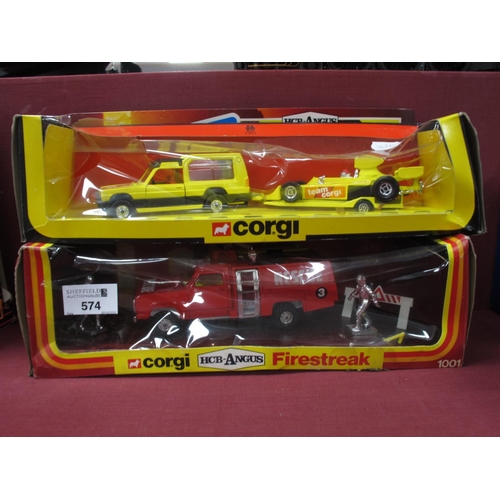 574 - Two boxed Corgi diecast model vehicle sets comprising of #1001 HCB-Angus Firestreak, #26 Team Corgi ... 