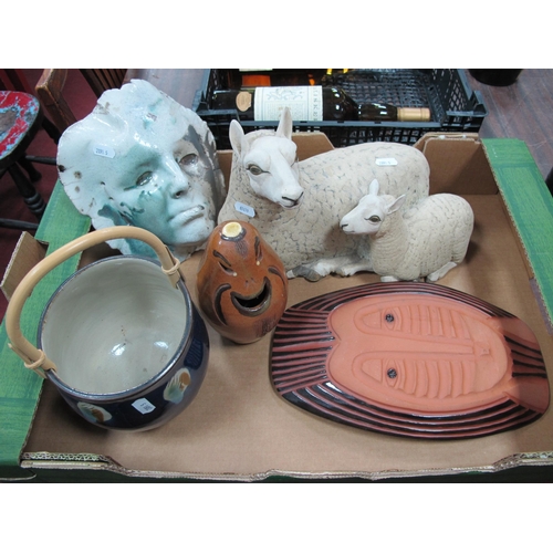 1009 - A Collection of Studio Pottery, to include: a face mask, a sheep and ewe, a dish with face underside... 