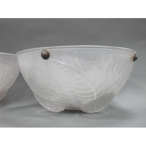 1010 - A Pair of Lalique Frosted Glass 'Dahlia' Pattern Plafonniéres, with moulded flowers and foliage, wit... 