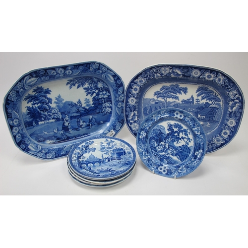 1046 - A Mid XIX Century Pearlware Meat Dish, printed in blue with figures and animals in a garden within a... 