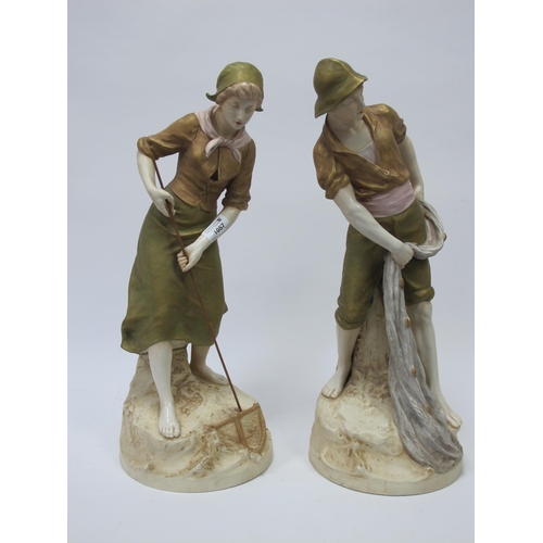 1057 - A Pair of Royal Dux Pottery Figures, modelled as a fisherman holding a net and his wife, each upon r... 