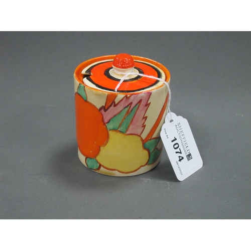 1074 - A Newport Pottery Clarice Cliff Fantasque 'Bizarre' Fruitburst pattern Preserve Pot, rim repair, wit... 