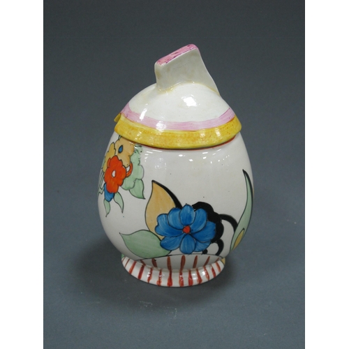 1075 - A Newport Pottery Clarice Cliffe Bizarre Preserve Pot, in the 'Moonlight' pattern, with associated l... 