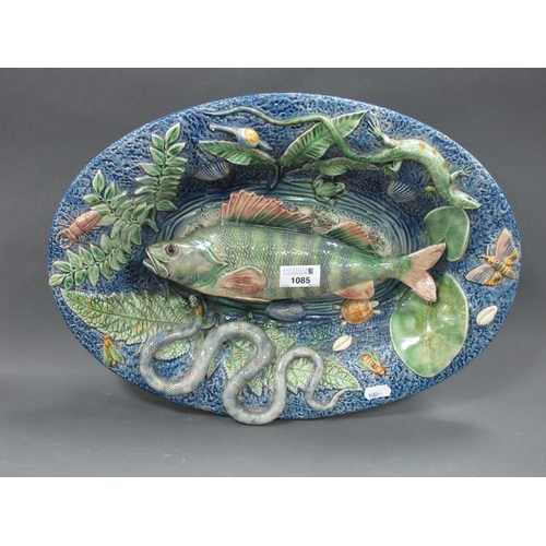 1085 - A Late XIX Century Palissy Style Pottery Oval Dish, encrusted with fish, snakes, insects, foliage, e... 