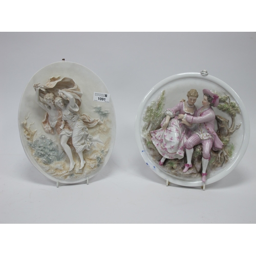 1091 - A Late XIX Century German Porcelain Circular Plaque, moulded in relief with a couple seated on rocks... 