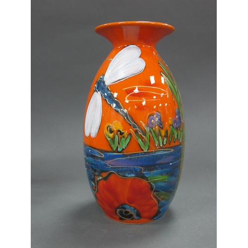 1121 - An Anita Harris 'Iris and Poppies Dragonfly' Vase, in orange, minos shape, gold signed, 20.5cm high.