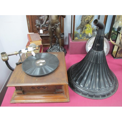 1237 - An Early XX Century Horn Gramophone, the shaped walnut base with inlaid decoration and large fluted ... 