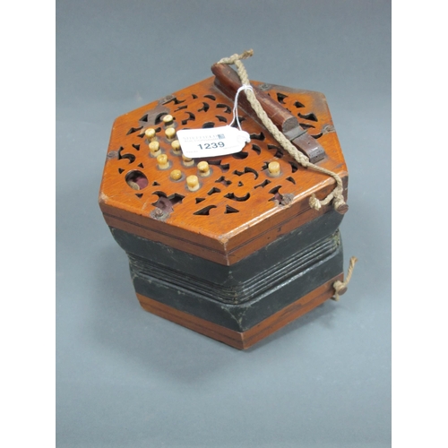 1239 - An English Made Late XIX Century Concertina, with twenty-one bone buttons and pierced fretwork ends.